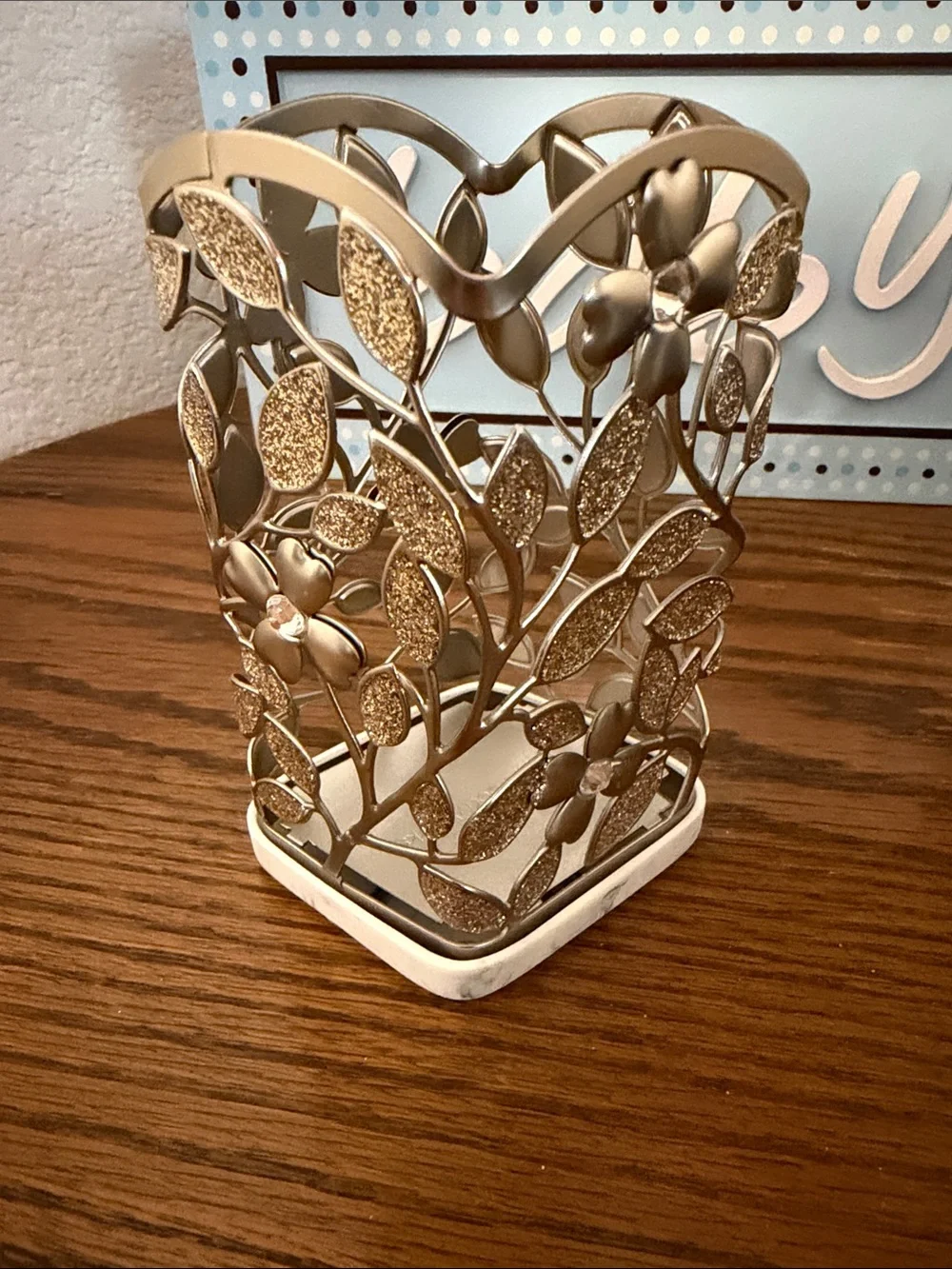 Bath & Body Works Gold Floral Metal Candle Holder with Glitter Accents
